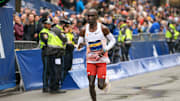 Apr 17, 2023; Boston, MA, USA; Eliud Kipchoge (KEN) crosses the finish line at the 2023 Boston Marathon.  Mandatory Credit: Eric Canha-Imagn Images