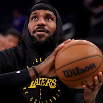 Feb 1, 2025; New York, New York, USA; Los Angeles Lakers forward LeBron James (23) warms up before a game against the New York Knicks at Madison Square Garden. Mandatory Credit: Brad Penner-Imagn Images
