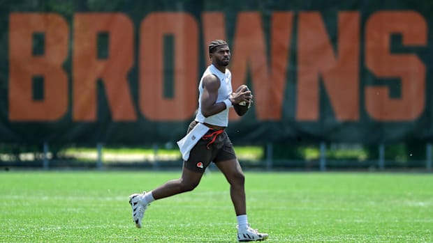 Cleveland Browns quarterback Shedeur Sanders puts in extra work after practice during NFL minicamp, Wednesday, June 11, 2025,