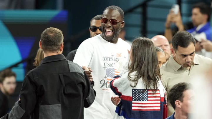 Draymond Green looks on in the first half in the men's basketball gold medal game during the Paris 2024 Olympic Summer Games at Accor Arena. Mandatory Credit: