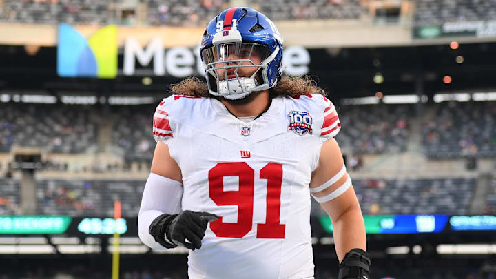 Aug 24, 2024; East Rutherford, New Jersey, USA; New York Giants defensive tackle Casey Rogers (91) warms up before the game against the New York Jets at MetLife Stadium. Aug 24, 2024; East Rutherford, New Jersey, USA; New York Giants defensive tackle Casey Rogers (91) warms up before the game against the New York Jets at MetLife Stadium.