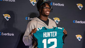 Apr 25, 2025; Jacksonville, FL, USA; Jacksonville Jaguars first round draft pick Travis Hunter poses for a photo during a press conference at Miller Electric Center. Mandatory Credit: Travis Register-Imagn Images