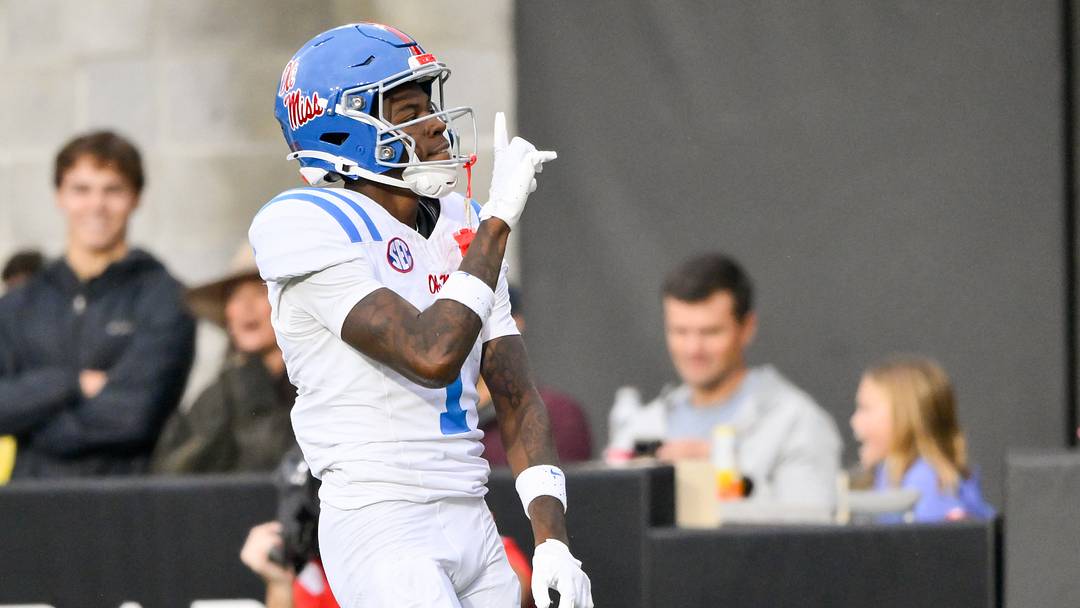 Mississippi Rebels wide receiver Deuce Alexander celebrates his touchdown against the Vanderbilt Commodores during the first half at FirstBank Stadium. Mandatory Credit: Steve Roberts-Imagn Images