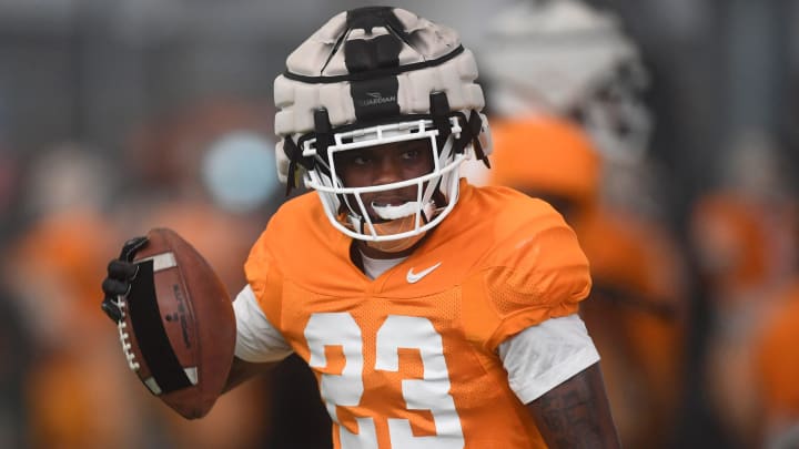 Tennessee’s Boo Carter (23) warms up during a fall Tennessee football practice, in Knoxville, Tenn., Thursday, Aug. 8, 2024.