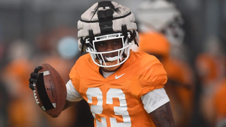 Tennessee’s Boo Carter (23) warms up during a fall Tennessee football practice, in Knoxville, Tenn., Thursday, Aug. 8, 2024.