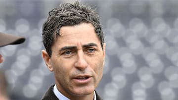Mar 27, 2025; San Diego, California, USA; San Diego Padres general manager A.J. Preller looks on before an Opening Day baseball game between the San Diego Padres and the Atlanta Braves at Petco Park. Mandatory Credit: Denis Poroy-Imagn Images
