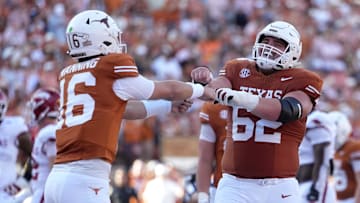 Texas Longhorns quarterback Arch Manning during the first half against the Arkansas Razorbacks at Darrell K Royal-Texas Memorial Stadium.