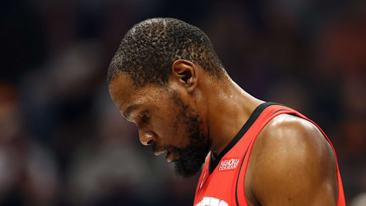 Apr 7, 2026; Phoenix, Arizona, USA; Houston Rockets forward Kevin Durant (7) reacts against the Phoenix Suns at Mortgage Matchup Center. Mandatory Credit: Mark J. Rebilas-Imagn Images