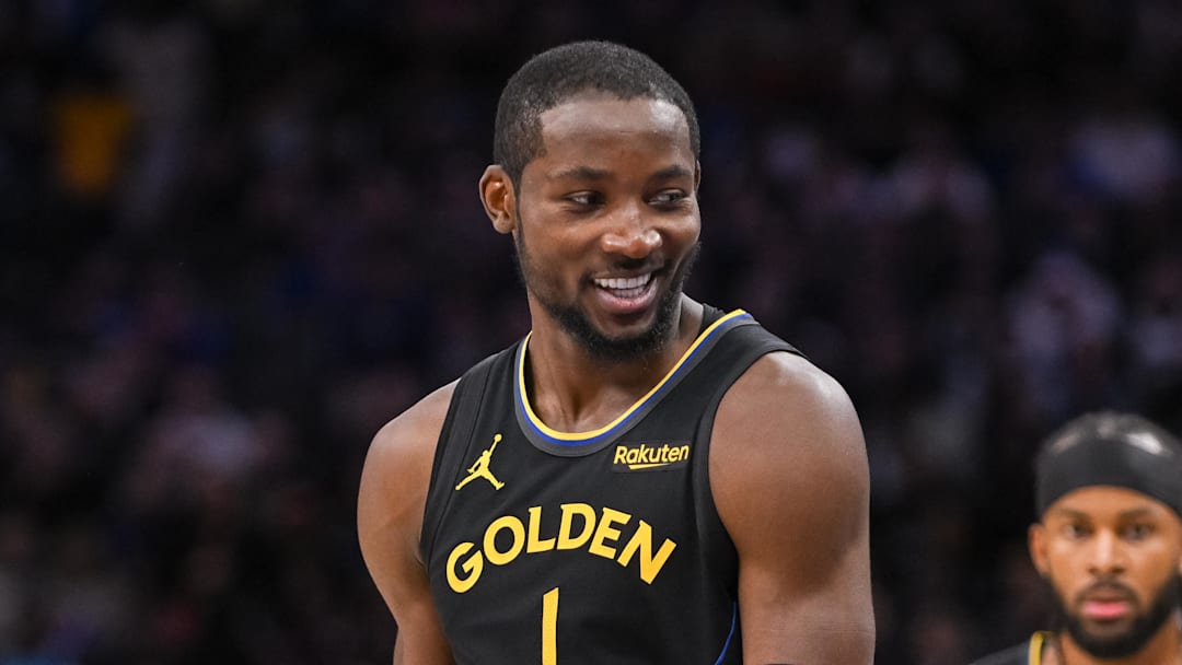 Nov 5, 2025; Sacramento, California, USA; Golden State Warriors forward Jonathan Kuminga (1) reacts after being called for a foul against the Sacramento Kings during the fourth quarter at Golden 1 Center. Mandatory Credit: Ed Szczepanski-Imagn Images