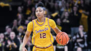 Feb 2, 2025; Iowa City, Iowa, USA; USC Trojans guard JuJu Watkins (12) in action during the game against the Iowa Hawkeyes at Carver-Hawkeye Arena. Mandatory Credit: Jeffrey Becker-Imagn Images