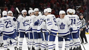Nov 13, 2024; Washington, District of Columbia, USA; Toronto Maple Leafs players celebrate after their game against the Washington Capitals at Capital One Arena. Mandatory Credit: Geoff Burke-Imagn Images