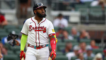 Sep 30, 2024; Atlanta, Georgia, USA; Atlanta Braves designated hitter Marcell Ozuna (20) reacts after a strikeout against the New York Mets in the third inning at Truist Park. Mandatory Credit: Brett Davis-Imagn Images
