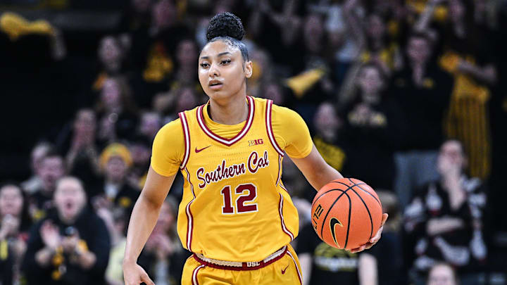 Feb 2, 2025; Iowa City, Iowa, USA; USC Trojans guard JuJu Watkins (12) in action during the game against the Iowa Hawkeyes at Carver-Hawkeye Arena. Mandatory Credit: Jeffrey Becker-Imagn Images Feb 2, 2025; Iowa City, Iowa, USA; USC Trojans guard JuJu Watkins (12) in action during the game against the Iowa Hawkeyes at Carver-Hawkeye Arena. Mandatory Credit: Jeffrey Becker-Imagn Images