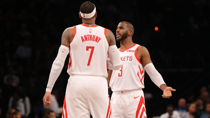 Anthony (#7) and Paul (#3) were teammates for a brief stint in Houston in 2018-19 but share a longstanding friendship. Anthony (#7) and Paul (#3) were teammates for a brief stint in Houston in 2018-19 but share a longstanding friendship.