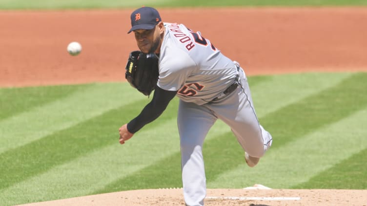 May 10, 2023; Cleveland, Ohio, USA; Detroit Tigers starting pitcher Eduardo Rodriguez (57) throws