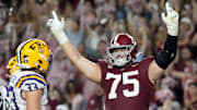 Nov 8, 2025; Tuscaloosa, Alabama, USA;  Alabama offensive lineman Wilkin Formby (75) celebrates an Alabama touchdown during the game with LSU at Saban Field at Bryant-Denny Stadium. Mandatory Credit: Gary Cosby Jr.-Imagn Images