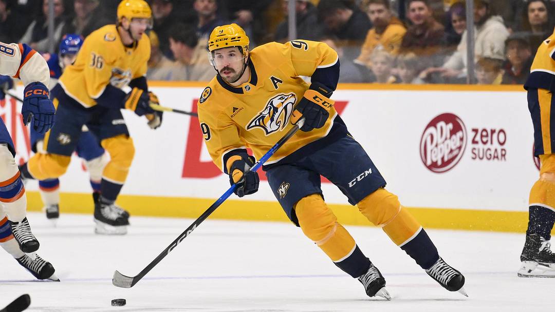 Jan 13, 2026; Nashville, Tennessee, USA; Nashville Predators left wing Filip Forsberg (9) skates with the puck against the Edmonton Oilers during the first period at Bridgestone Arena. Mandatory Credit: Steve Roberts-Imagn Images Jan 13, 2026; Nashville, Tennessee, USA; Nashville Predators left wing Filip Forsberg (9) skates with the puck against the Edmonton Oilers during the first period at Bridgestone Arena. Mandatory Credit: Steve Roberts-Imagn Images