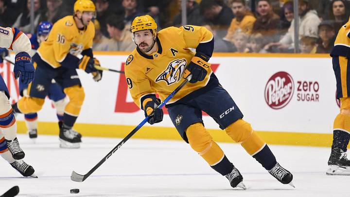 Jan 13, 2026; Nashville, Tennessee, USA; Nashville Predators left wing Filip Forsberg (9) skates with the puck against the Edmonton Oilers during the first period at Bridgestone Arena. Mandatory Credit: Steve Roberts-Imagn Images Jan 13, 2026; Nashville, Tennessee, USA; Nashville Predators left wing Filip Forsberg (9) skates with the puck against the Edmonton Oilers during the first period at Bridgestone Arena. Mandatory Credit: Steve Roberts-Imagn Images