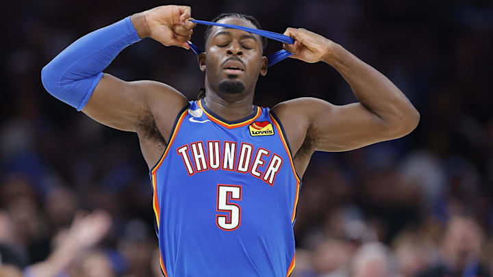 Oct 21, 2025; Oklahoma City, Oklahoma, USA; Oklahoma City Thunder guard Luguentz Dort reacts after a play against the Houston Rockets during the second half at Paycom Center. Mandatory Credit: Alonzo Adams-Imagn Images