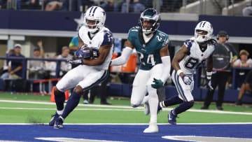 Dec 10, 2023; Arlington, Texas, USA; Dallas Cowboys wide receiver Michael Gallup (13) catches a touchdown pass against Philadelphia Eagles cornerback James Bradberry (24) in the second quarter at AT&T Stadium. Mandatory Credit: Tim Heitman-USA TODAY Sports