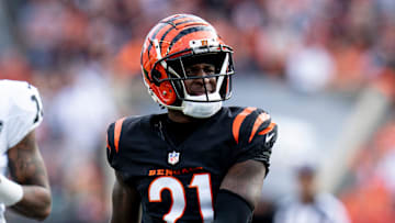 Cincinnati Bengals cornerback Mike Hilton (21) gestures after tackling Las Vegas Raiders wide receiver Tre Tucker (11) in the third quarter of the NFL game at Paycor Stadium in Cincinnati on Sunday, Nov. 3, 2024.