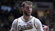 Purdue Boilermakers guard Braden Smith (3) talks with a teammate
