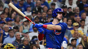 Jul 30, 2025; Milwaukee, Wisconsin, USA; Chicago Cubs right fielder Kyle Tucker (30) hits a double to drive in two runs in the sixth inning against the Milwaukee Brewers at American Family Field. Mandatory Credit: Benny Sieu-Imagn Images