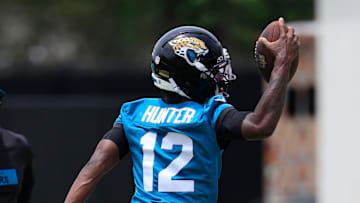 Jacksonville Jaguars wide receiver Travis Hunter (12) catches a pass during a rookie minicamp at Miller Electric Center Saturday, May 10, 2025 in Jacksonville, Fla. [Corey Perrine/Florida Times-Union]