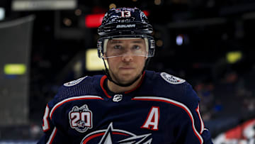 May 8, 2021; Columbus, Ohio, USA; Columbus Blue Jackets right wing Cam Atkinson (13) skates during a stop in play against the Detroit Red Wings in the 1st period at Nationwide Arena. Mandatory Credit: Aaron Doster-Imagn Images