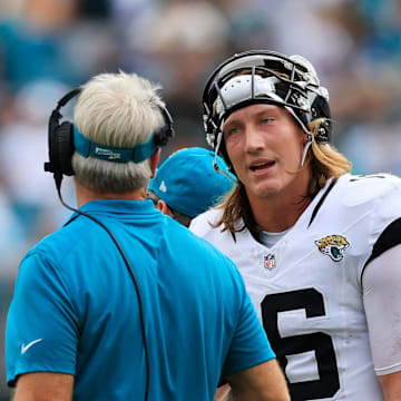 Jacksonville Jaguars quarterback Trevor Lawrence (16) talks with head coach Doug Pederson during the fourth quarter of an NFL football matchup Sunday, Sept. 15, 2024 at EverBank Stadium in Jacksonville, Fla. The Browns defeated the Jaguars 18-13. [Corey Perrine/Florida Times-Union]