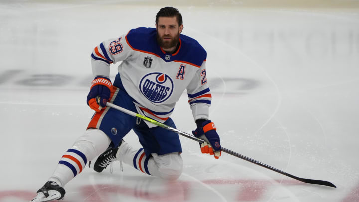 Jun 24, 2024; Sunrise, Florida, USA; Edmonton Oilers forward Leon Draisaitl (29) warms up prior to the game against the Florida Panthers in game seven of the 2024 Stanley Cup Final at Amerant Bank Arena. Mandatory Credit: Jim Rassol-USA TODAY Sports