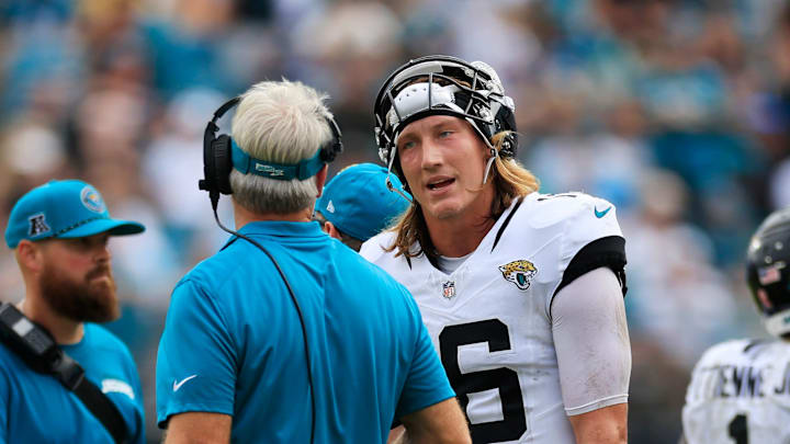 Jacksonville Jaguars quarterback Trevor Lawrence (16) talks with head coach Doug Pederson during the fourth quarter of an NFL football matchup Sunday, Sept. 15, 2024 at EverBank Stadium in Jacksonville, Fla. The Browns defeated the Jaguars 18-13. [Corey Perrine/Florida Times-Union]