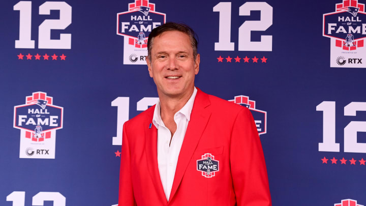 Jun 12, 2024; Foxborough, MA, USA; Former Patriots quarterback Drew Bledsoe poses for a photo at the New England Patriots Hall of Fame induction ceremony for Tom Brady at Gillette Stadium. Mandatory Credit: Eric Canha-USA TODAY Sports