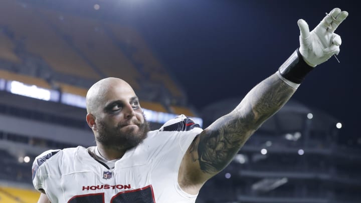 Aug 9, 2024; Pittsburgh, Pennsylvania, USA;  Houston Texans defensive tackle Kurt Hinish (93) reacts to the crowd after defeating the Pittsburgh Steelers at Acrisure Stadium. Houston won 20-12. Mandatory Credit: Charles LeClaire-USA TODAY Sports