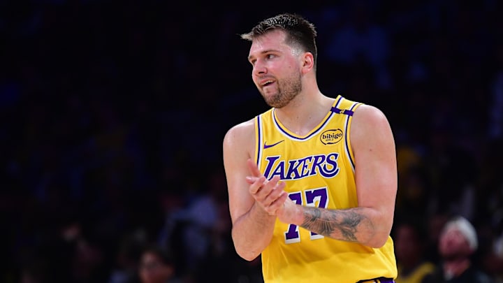 Los Angeles Lakers guard Luka Doncic (77) reacts during the second half in game five of first round for the 2025 NBA Playoffs at Crypto.com Arena on April 30, 2025.