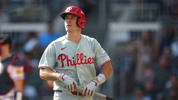 Sep 30, 2026; Cumberland, Georgia, USA;  Philadelphia Phillies catcher J.T. Realmuto (10) reacts to striking out against the Atlanta Braves in the seventh inning during game two of the Wildcard round for the 2026 MLB Playoffs at Truist Park.  Mandatory Credit: Brett Davis-Imagn Images