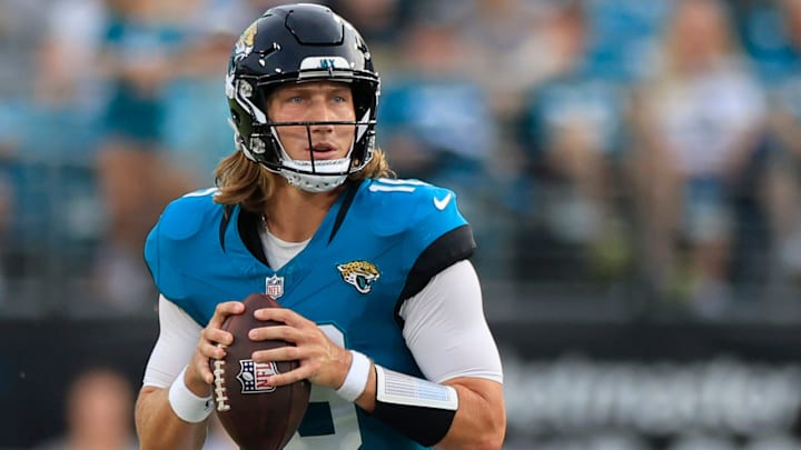 Jacksonville Jaguars quarterback Trevor Lawrence (16) looks to pass during the first quarter of a preseason NFL football game Saturday, Aug. 10, 2024 at EverBank Stadium in Jacksonville, Fla. [Corey Perrine/Florida Times-Union]