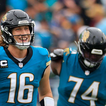 Jacksonville Jaguars quarterback Trevor Lawrence (16) reacts to a long catch and run from wide receiver Christian Kirk (13), not shown, during the fourth quarter of an NFL football matchup Sunday, Oct. 6, 2024 at EverBank Stadium in Jacksonville, Fla. The Jaguars edged the Colts on a field goal 37-34. [Corey Perrine/Florida Times-Union]