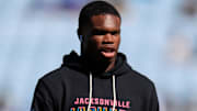 Jacksonville Jaguars wide receiver Travis Hunter (12) walks on the field before an NFL football matchup, Sunday, Oct. 12, 2025, at EverBank Stadium in Jacksonville, Fla. The Seahawks defeated the Jaguars 20-12.