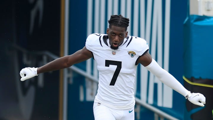 Jacksonville Jaguars wide receiver Brian Thomas Jr. (7) is introduced before an NFL football matchup Sunday, Sept. 15, 2024 at EverBank Stadium in Jacksonville, Fla. The Browns defeated the Jaguars 18-13. [Corey Perrine/Florida Times-Union]