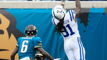 Indianapolis Colts tight end Mo Alie-Cox (81) can’t haul in a touchdown reception against Jacksonville Jaguars safety Darnell Savage (6) during the fourth quarter of an NFL football matchup Sunday, Oct. 6, 2024 at EverBank Stadium in Jacksonville, Fla. The Jaguars edged the Colts on a field goal 37-34. 