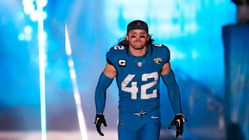 Jacksonville Jaguars safety Andrew Wingard (42) is introduced before a regular season NFL football matchup Sunday, Dec. 17, 2023 at EverBank Stadium in Jacksonville, Fla. The Baltimore Ravens defeated the Jacksonville Jaguars 23-7.