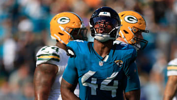 Jacksonville Jaguars defensive end Travon Walker (44) reacts to his sack on Green Bay Packers quarterback Malik Willis (2) during the fourth quarter of an NFL football matchup Sunday, Oct. 27, 2024 at EverBank Stadium in Jacksonville, Fla. 
