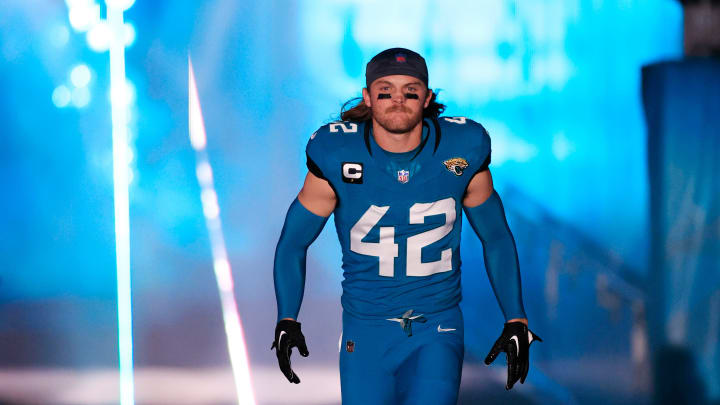 Jacksonville Jaguars safety Andrew Wingard (42) is introduced before a regular season NFL football matchup Sunday, Dec. 17, 2023 at EverBank Stadium in Jacksonville, Fla. The Baltimore Ravens defeated the Jacksonville Jaguars 23-7. 