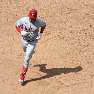 Jun 4, 2023; Washington, District of Columbia, USA; Philadelphia Phillies third baseman Drew Ellis (35) rounds the bases after hitting a home run against the Washington Nationals during the seventh inning at Nationals Park. 