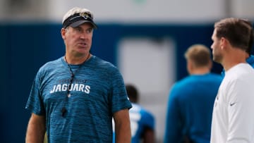 Jacksonville Jaguars head coach Doug Pederson, left, talks with offensive coordinator Press Taylor during the second day of a mandatory minicamp Tuesday, June 11, 2024 at EverBank Stadium’s Miller Electric Center in Jacksonville, Fla.