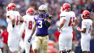Aug 31, 2019; Seattle, WA, USA; Washington Huskies defensive back Elijah Molden (3) yells out after making a tackle against the Eastern Washington Eagles during the second quarter at Husky Stadium. Mandatory Credit: Jennifer Buchanan-Imagn Images