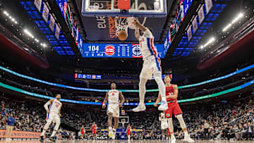 Feb 24, 2025; Detroit, Michigan, USA; Detroit Pistons forward Ausar Thompson (9) slam dunks the ball : David Reginek-Imagn Images