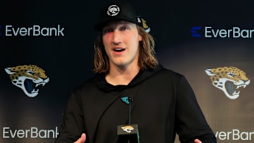 Jacksonville Jaguars quarterback Trevor Lawrence (16) speaks during a press conference at Miller Electric Center Wednesday, April 9, 2025 in Jacksonville, Fla. [Corey Perrine/Florida Times-Union]