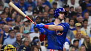 Jul 30, 2025; Milwaukee, Wisconsin, USA; Chicago Cubs right fielder Kyle Tucker (30) hits a double to drive in two runs in the sixth inning against the Milwaukee Brewers at American Family Field. Mandatory Credit: Benny Sieu-Imagn Images